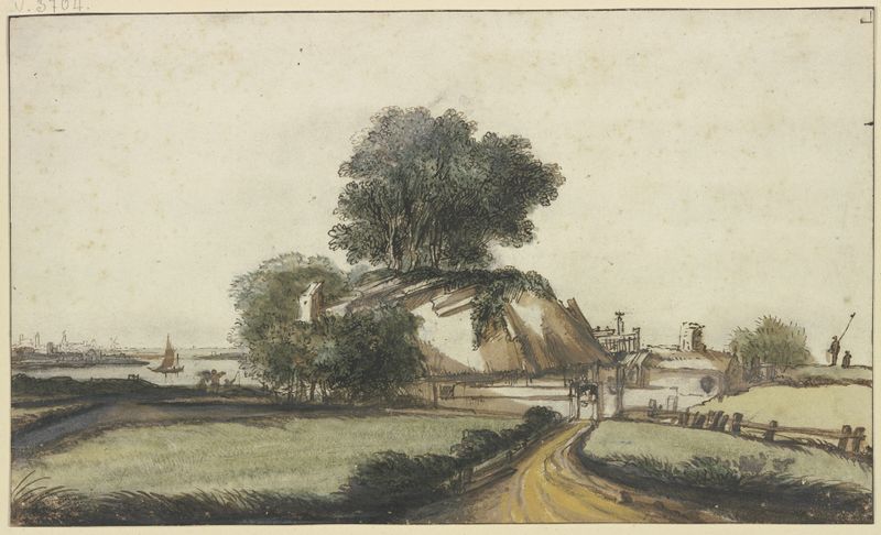 Bauernhaus unter Bäumen an einem Fluß de Philips Koninck, óleo sobre tela que retrata uma casa de campo ao lado de um rio.