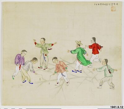 Genre scene depicting children playing on ice, Korean Traditional by Kim Jun-geun