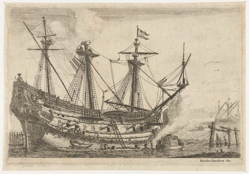 Gravura de Reinier Nooms mostrando um navio com figuras reparando velas