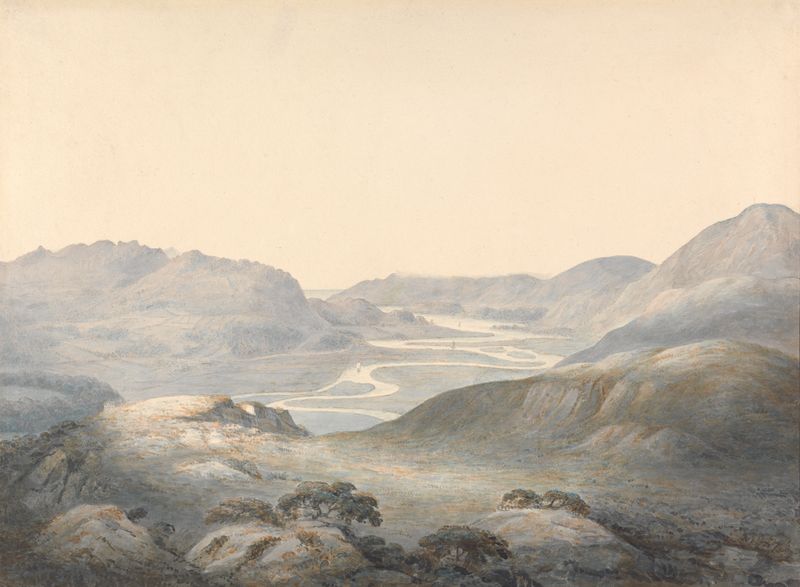 Watercolour by Moses Griffith depicting Barmouth Bay with winding rivers and golden light.