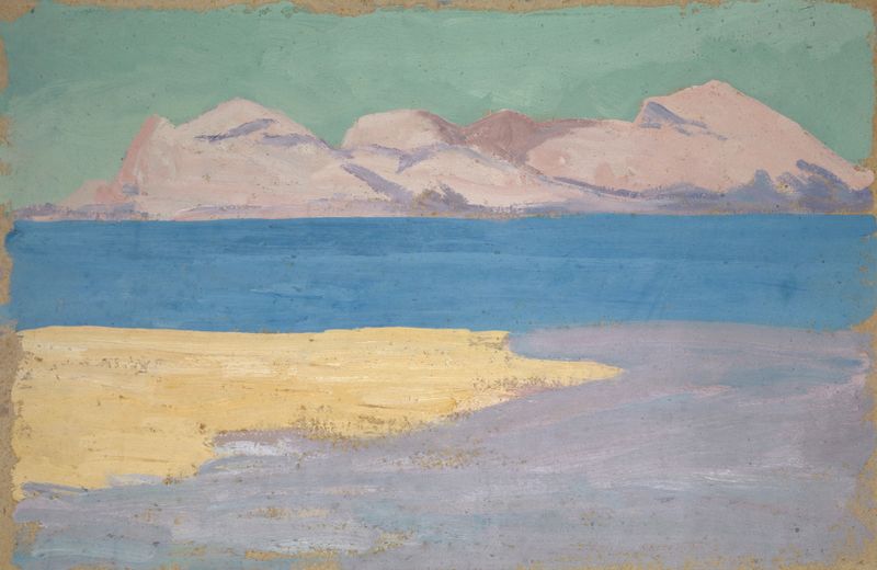 Paisagem com água e montanhas, óleo sobre tela de Ernst Schiess