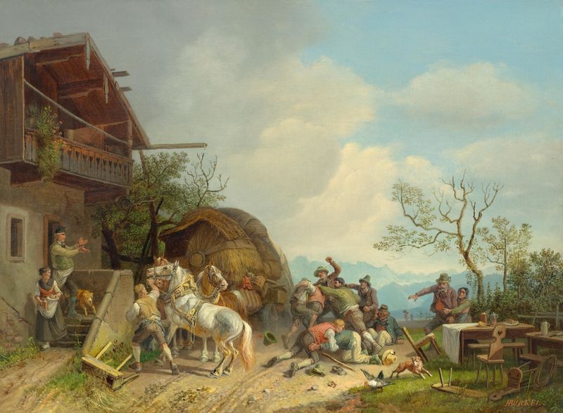 Cena de gênero retratando uma briga com figuras em tumulto, pintura a óleo de Heinrich Bürkel