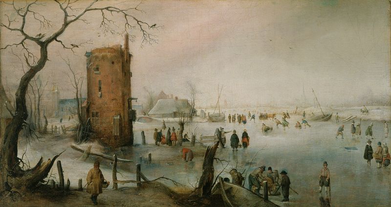 Skating Near a Town, oil on wood by Hendrick Avercamp, featuring skaters on ice in a winter scene.