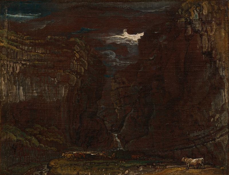 Sketch for ‘Gordale Scar’ by James Ward, depicting jagged cliffs and nature in pencil.