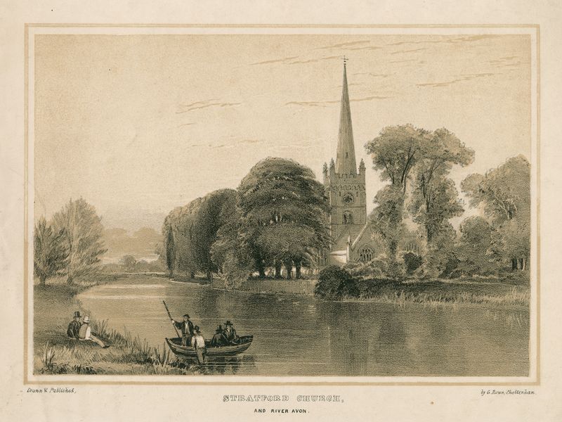 Landscape featuring Stratford Church and river Avon, oil painting by George Rowe
