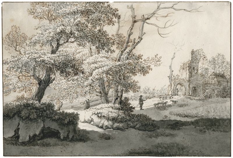 Oil painting by Barend Hendrik Thier depicting a herder near ruins surrounded by trees and soft light.