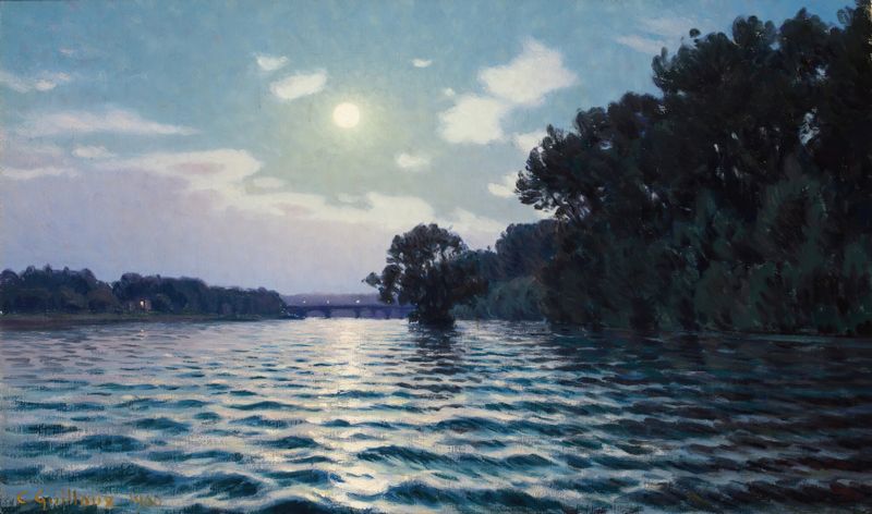 Lever de soleil sur la Seine by Charles Guilloux, oil painting depicting a river at dawn.