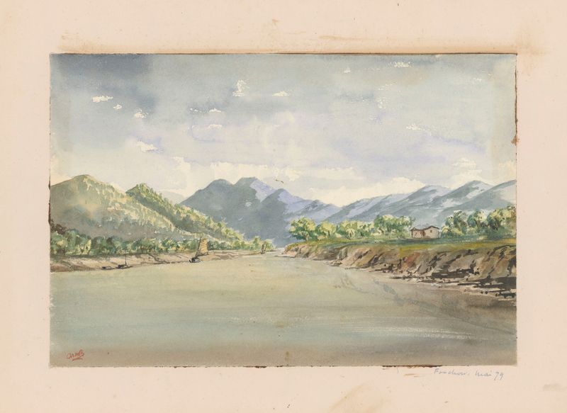 Acuarela de Auguste Mouillesaux de Bernières que representa un paisaje sereno con luz suave.