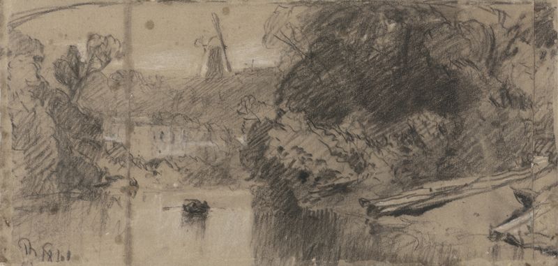 River Landscape, Probably near Thorpe, Norfolk de John Sell Cotman, pintura a óleo que retrata uma cena tranquila de rio