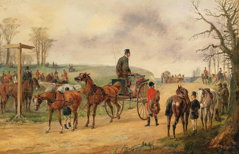 The Meet by Henry Alken jun., oil painting depicting figures in a landscape with anticipation.