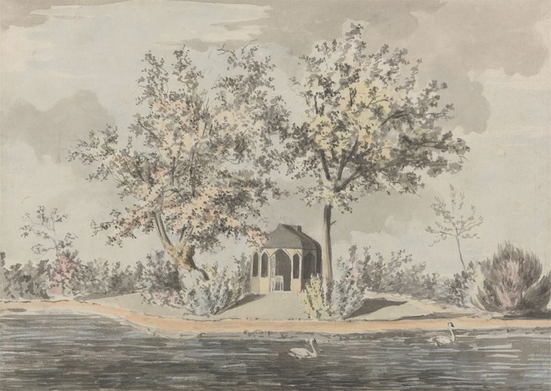 Summer House by a Riverside, óleo sobre tela de Thomas Theodosius Forrest, mostrando uma casa ao lado de um rio.