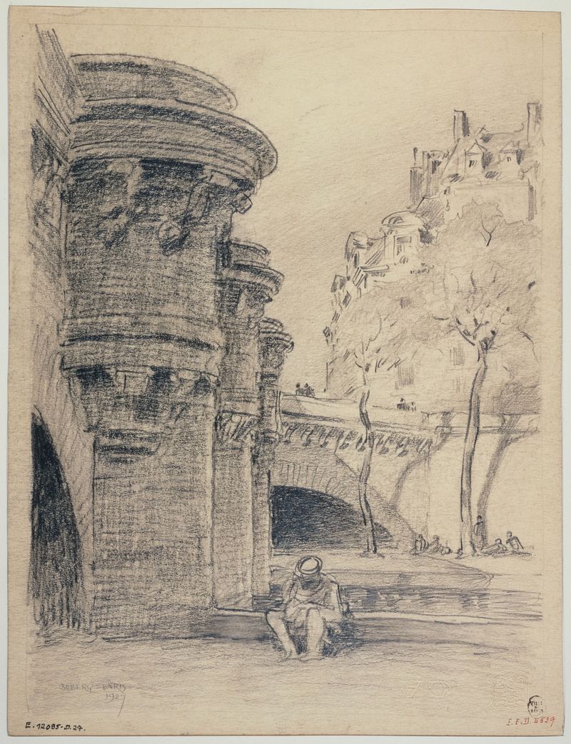 Trois piles du Pont-Neuf de Ferdinand Boberg, óleo sobre lienzo que muestra tres pilares de piedra al atardecer.