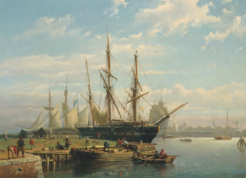 Dutch sailing ships at anchor in a river estuary, oil painting by Johan Adolph Rust