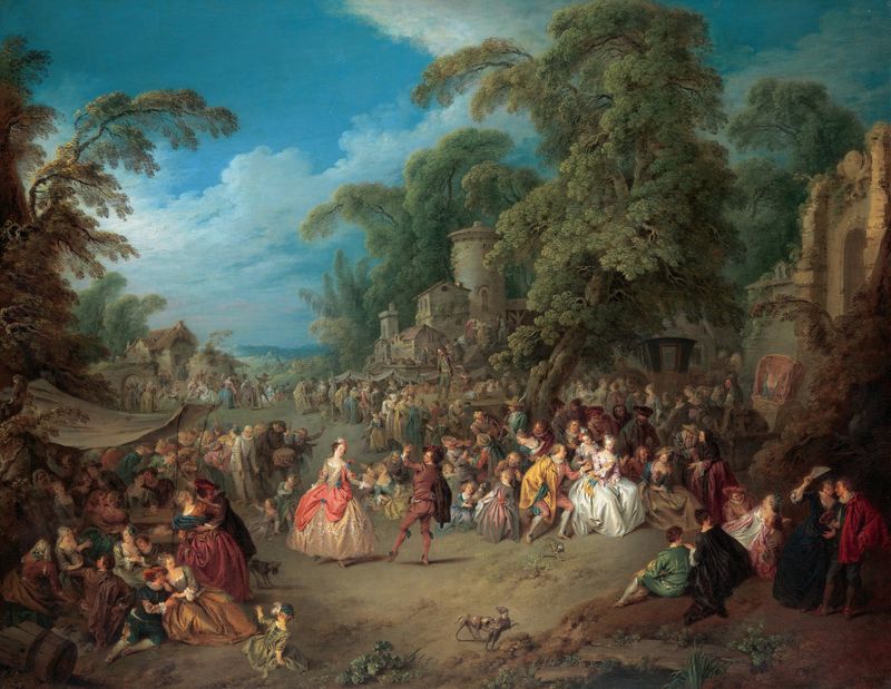 La Feria en Bezons, óleo sobre lienzo de Jean-Baptiste Pater, que representa una escena de mercado animada.