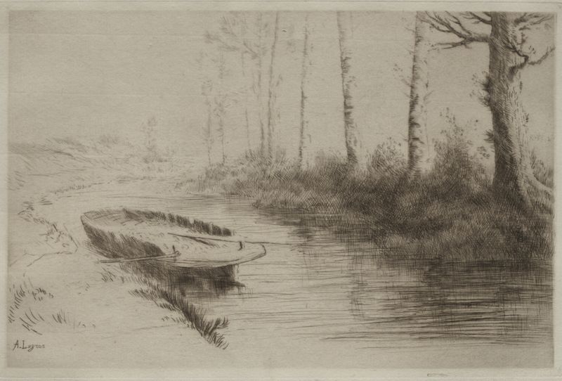 Paisaje de un canal tranquilo a la luz de la mañana de Alphonse Legros, pintura al óleo