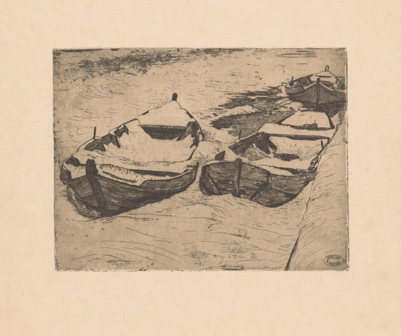 Snow-covered rowing boats in a winter landscape by Pieter Dupont, oil painting