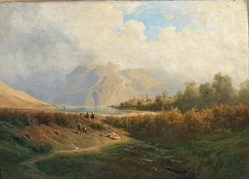 Upper Italian Town on a Lakeshore with sheep and shepherd, oil on canvas by Leopold Heinrich Vöscher
