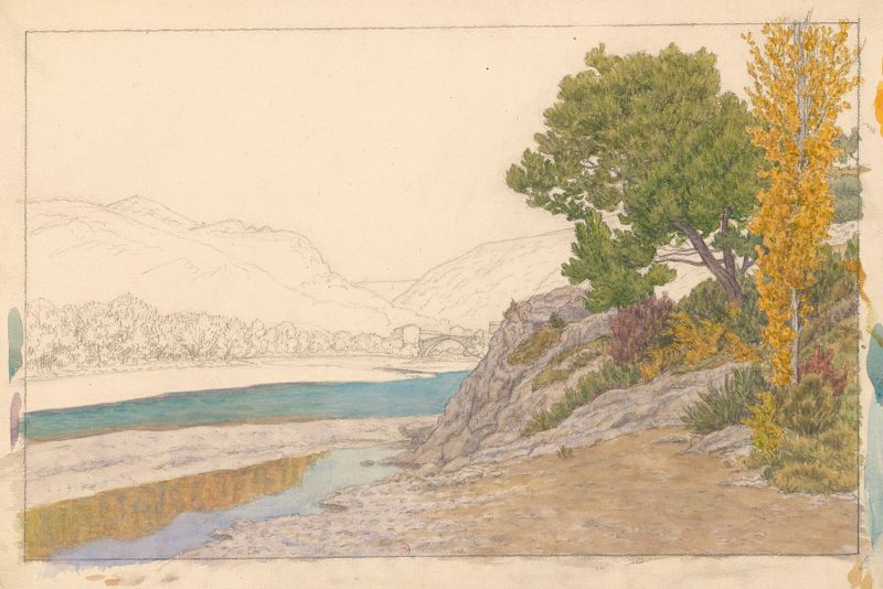 Paisagem de Buis-les-Baronnies, l’Ouvèze de Henri Rivière, pintura a óleo