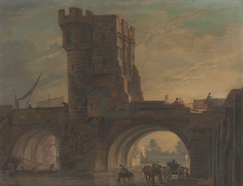 Old Bridge at Shrewsbury de Paul Sandby, pintura a óleo de uma ponte de pedra sobre um rio.