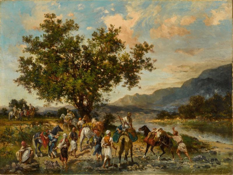 At the Oasis by Georges Washington, oil painting depicting a tranquil pool and palm trees.