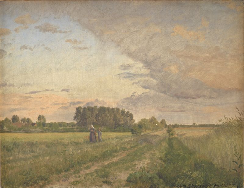 Sommerlandskab by Joakim Skovgaard, oil on canvas depicting gentle hills and soft sky.