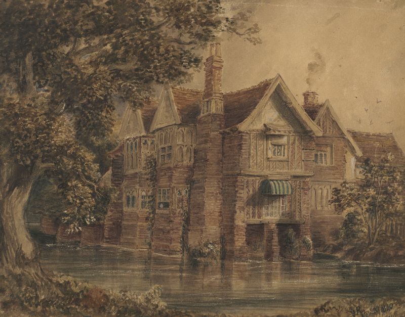 Old Farnham Hall de Frederick George Reynolds, meio desconhecido, mostrando luz e sombras sobre pedra.