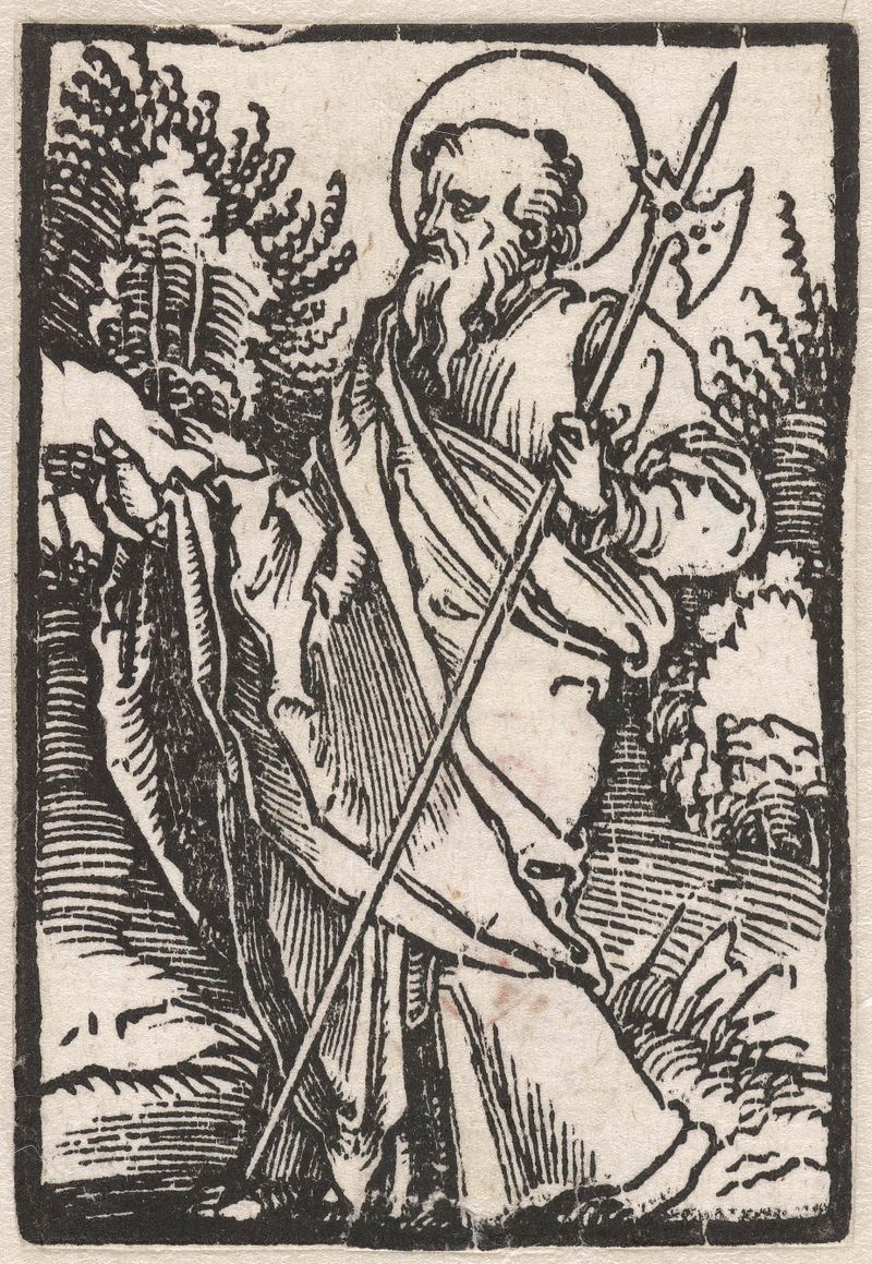 Apostel Mattheüs de Albrecht Dürer, grabado en papel, representa a Mateo en suave luz.