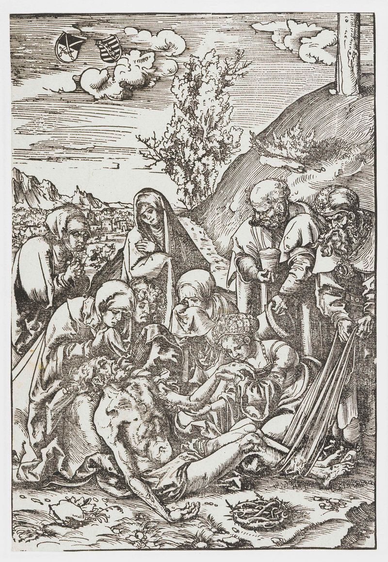 Dibujo religioso en papel de Lucas Cranach (I) que representa a una mujer arrodillada con un manto