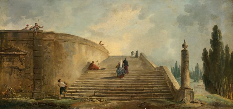 A Grand Staircase de Hubert Robert, óleo sobre lienzo, con una gran escalera y árboles frondosos.