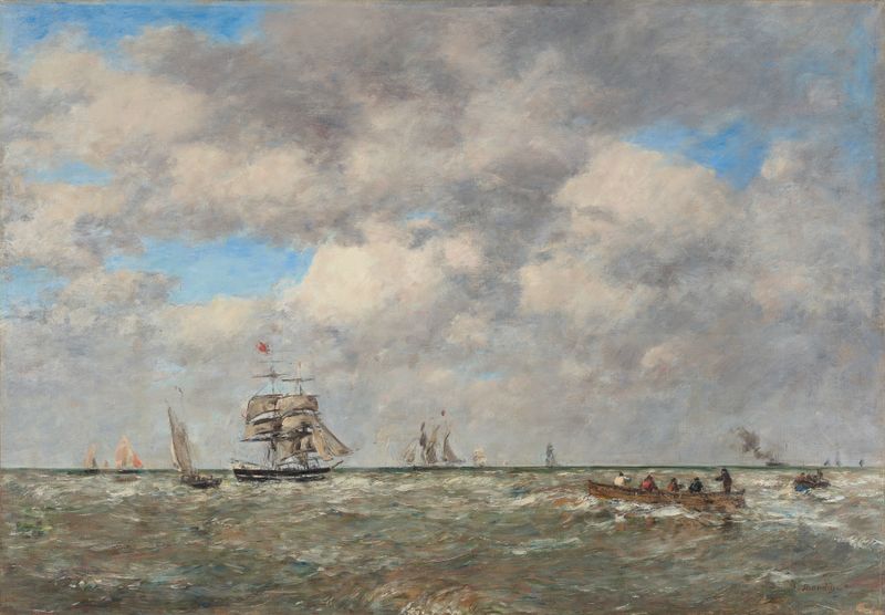 Cena marinha com pescadores na praia, óleo de Eugène Boudin