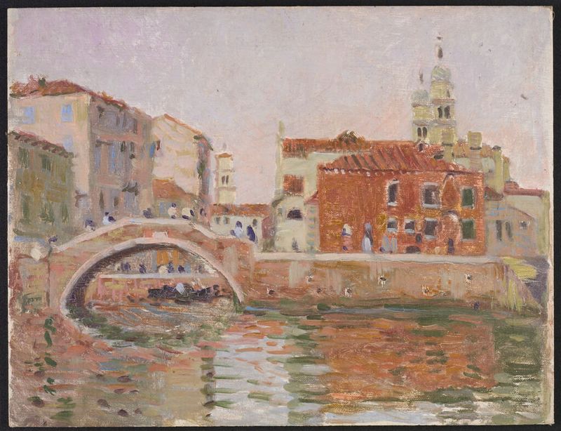 Paisagem de Veneza por Denman Waldo Ross, óleo sobre tela, retratando canais brilhantes ao pôr do sol.