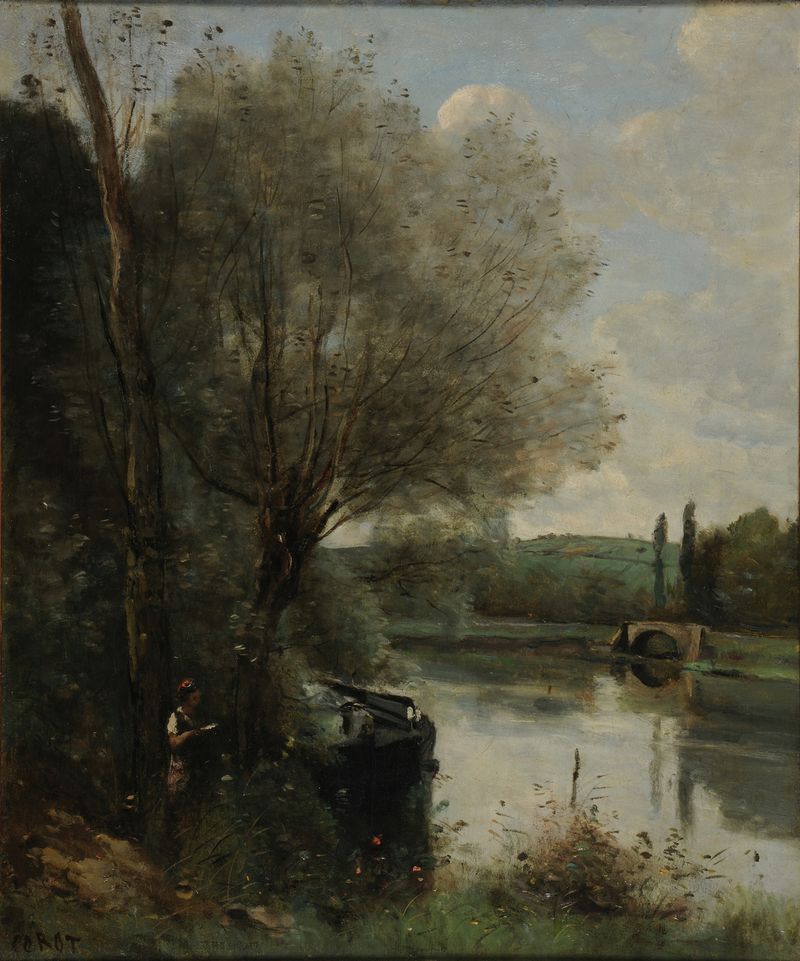 Una mujer con un vestido fluido leyendo entre árboles, óleo sobre lienzo de Jean-Baptiste-Camille Corot.