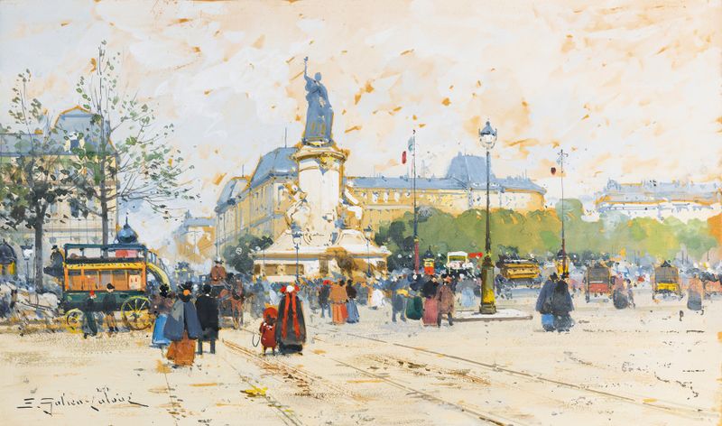 La Place De La République de Eugène Galien-Laloue, óleo sobre lienzo que muestra una plaza bulliciosa de París