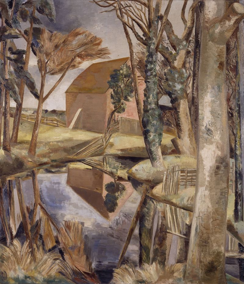Oxenbridge Pond by Paul Nash, oil on canvas depicting a tranquil landscape with reflections.
