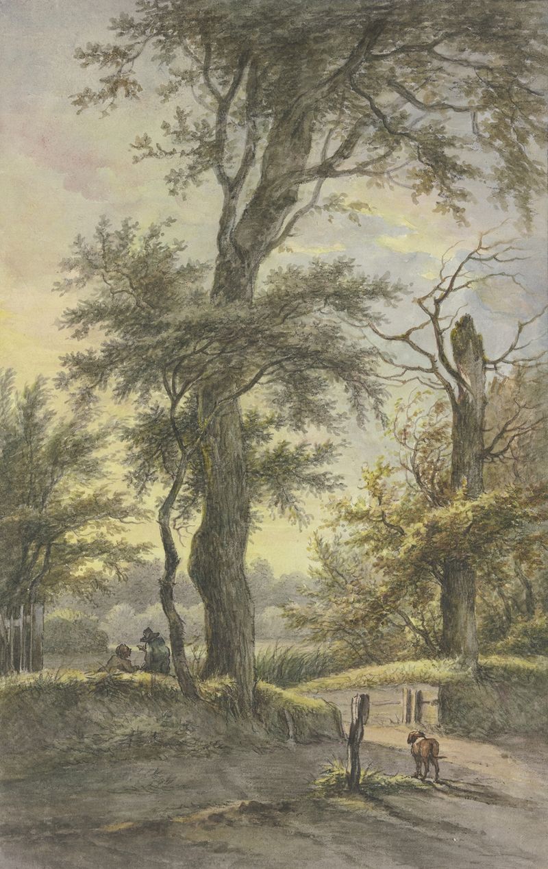 Pintura a óleo de paisagem por Jan Hulswit com dois homens e um cachorro sob um carvalho ao pôr do sol