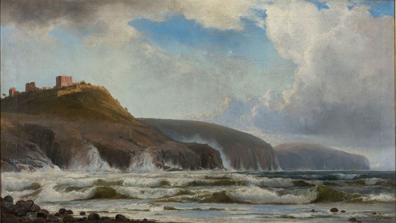 Landscape oil painting by Holger Drachmann depicting cliffs and ocean under a vibrant sky
