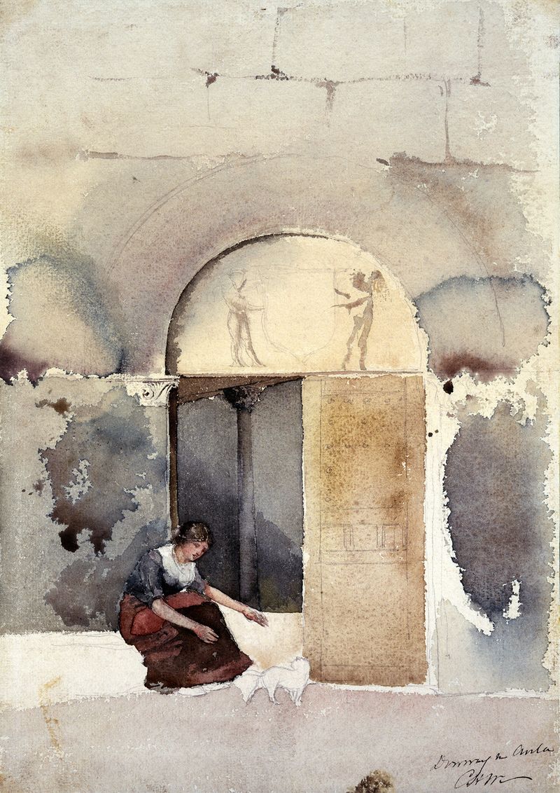 Cena interior com uma porta iluminada, pintura a óleo de Cass Gilbert