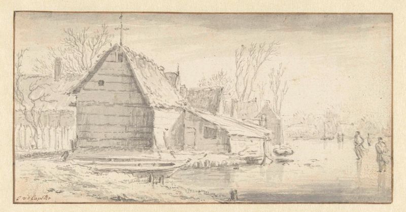 Wintergezicht by Jan van de Cappelle, oil on canvas depicting a winter landscape with a figure in the snow.