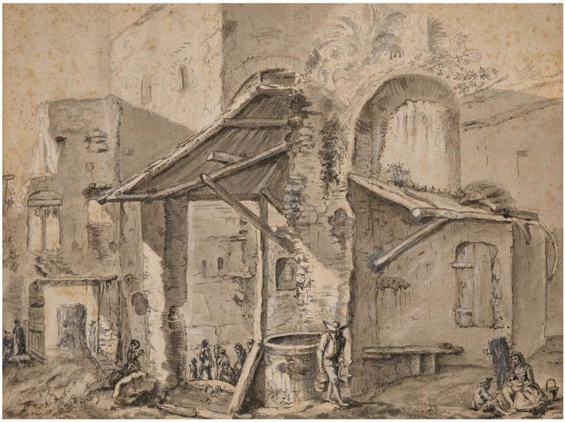 Figurative scene with figures near ruins, etching by Jean-Jacques de Boissieu