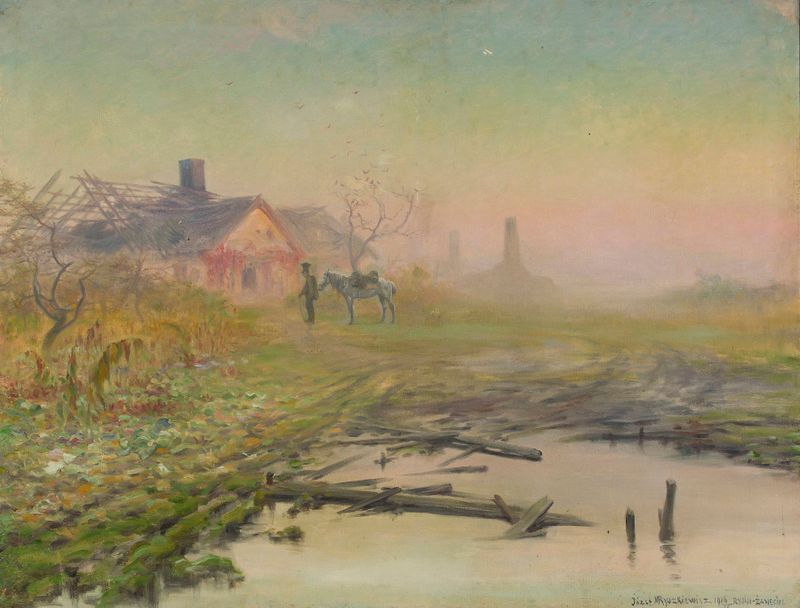 Retorno a uma casa queimada de Józef Ryszkiewicz, expressionismo, paisagem com casa carbonizada e folhagem verde