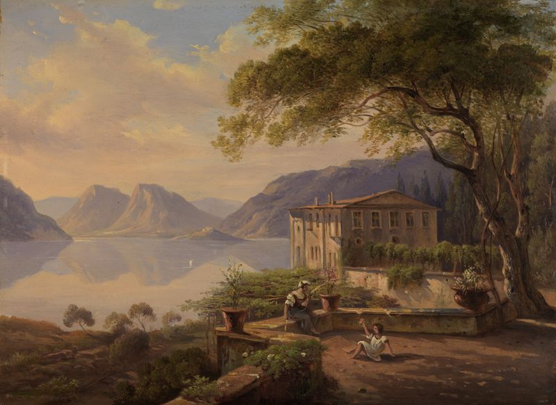 Villa Serbelloni am Comersee de Carl Ludwig Frommel, óleo de un paisaje tranquilo.