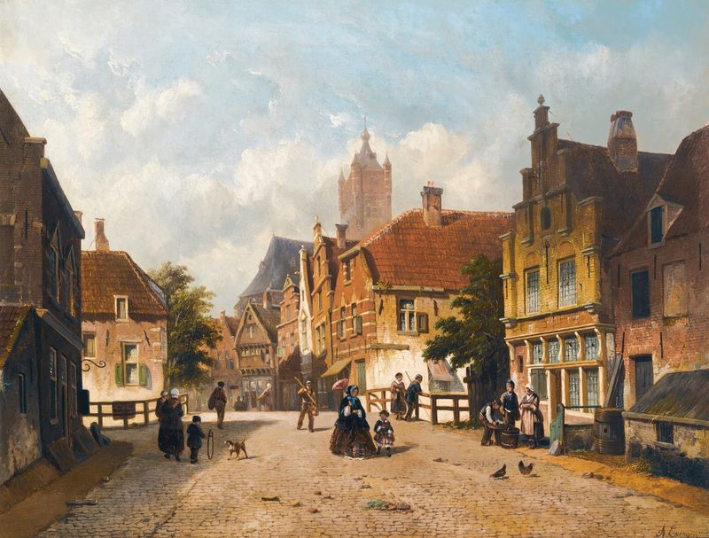 Una escena de calle holandesa con camino de adoquines y luz de atardecer, de Adrianus Eversen, medio desconocido.