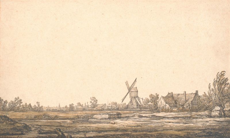 Landskab med en mølle de Aelbert Cuyp, pintura al óleo que muestra un molino en un paisaje sereno.