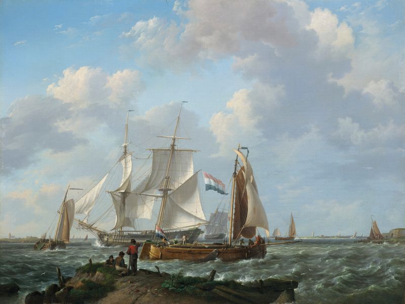 Ships in a squall with figures on shore, oil on canvas by Johannes Hermanus Koekkoek