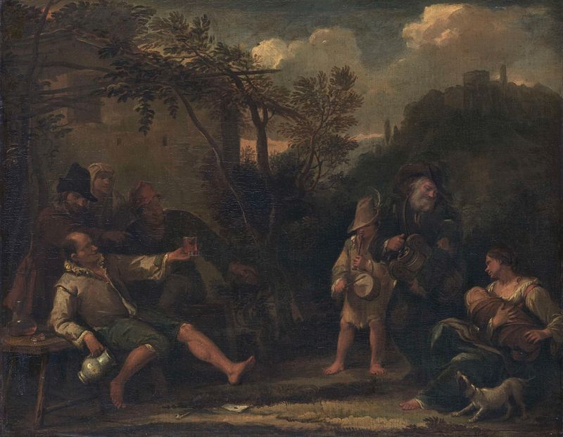 Cena de gênero com figuras ao redor de uma mesa, pintura a óleo de Dirck Helmbreeker