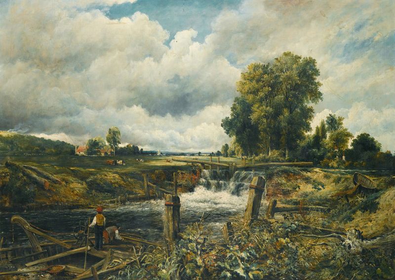 A river landscape with figures in a boat by a lock, oil on canvas by Frederick Waters Watts