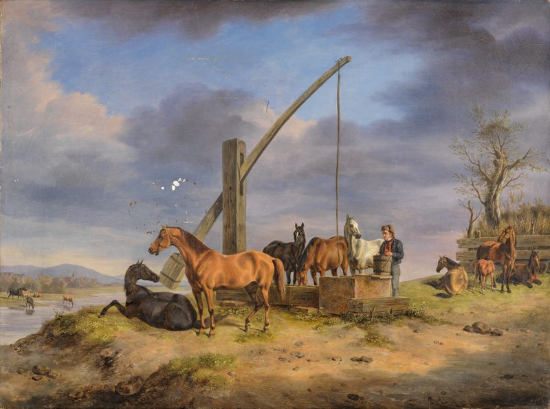 Horses at a watering trough, oil painting by Rudolf Kuntz