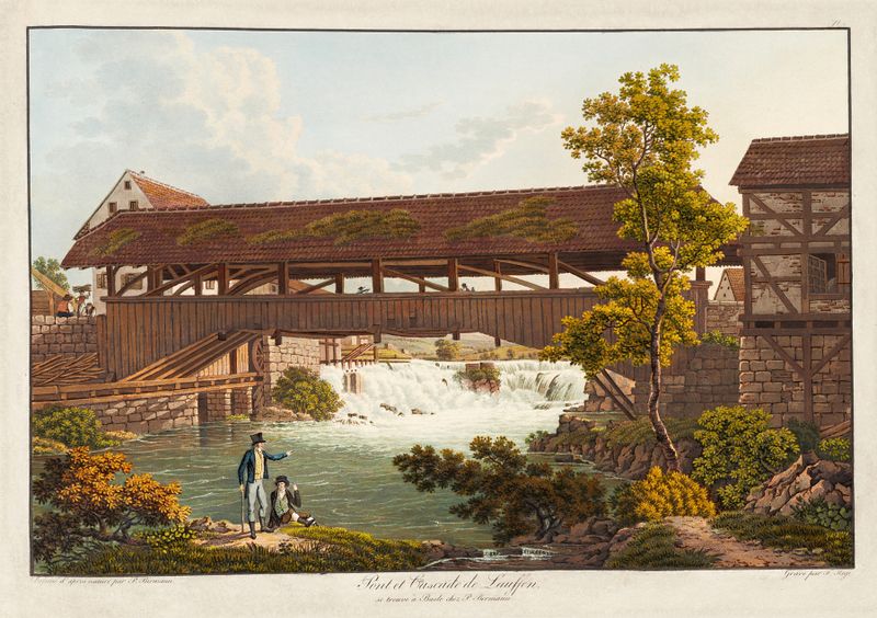 Agua en cascada en Pont et Cascade de Lauffen de Peter Birmann, óleo sobre lienzo