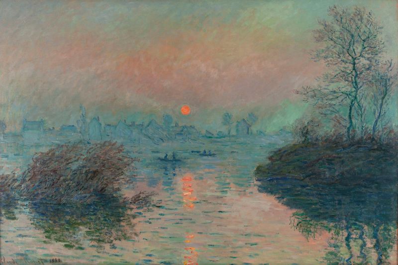 Soleil couchant sur la Seine à Lavacourt de Claude Monet, óleo sobre tela que retrata um pôr do sol de inverno.