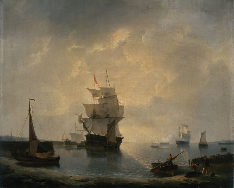 Sailing Ships in the Harbour, oil on canvas by Petrus Johannes Schotel